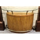 Mid 20th Century Art Deco glass satinwood and brass mounted bar, of demi lune ribbed design, 64ins x