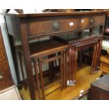 Reproduction mahogany line inlaid serpentine fronted side table having two short drawers on square