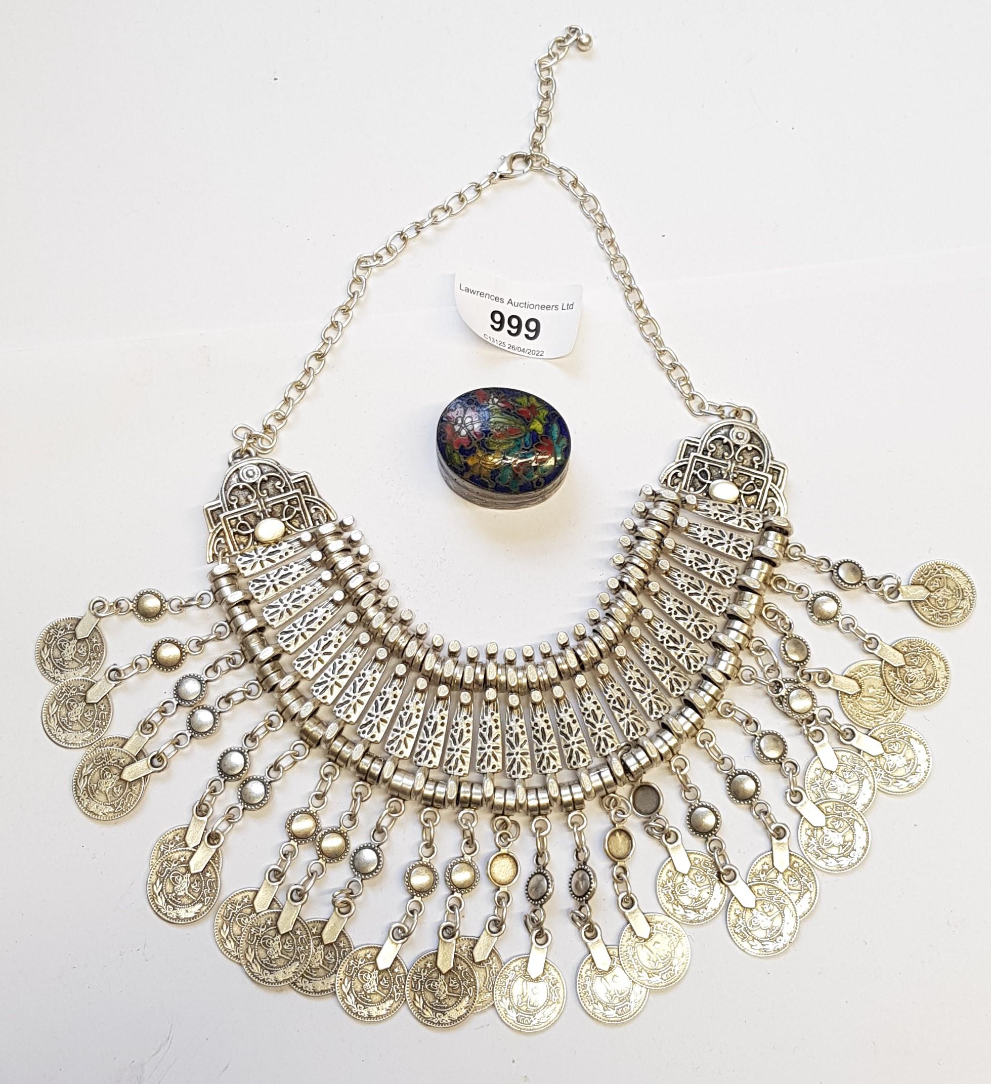 Turkish white metal necklet set with multiple coins, together with an oval cloisonne pill box