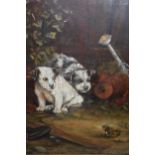 19th Century oil, study of two puppies watching a frog, indistinctly signed, 10ins x 8ins