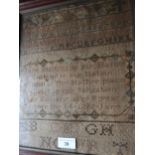 George III needlework sampler dated 1796, 12.75ins x 10.5ins, framed (damages)