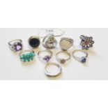 Group of ten various silver dress rings set gem and semi precious stones