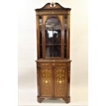Good quality Edwardian mahogany satinwood crossbanded and marquetry inlaid corner cabinet, with a