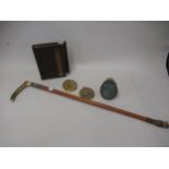 Silver mounted antler riding crop, carved oak cigarette box and three portrait miniature frames