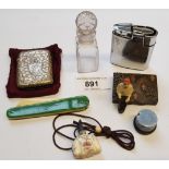 Silver vesta case, another vesta case, an enamel pill box and sundries