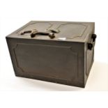 19th Century iron strong box with hinged cover and key, 17.5ins wide