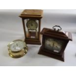 Oak and bevelled glass cased three hundred day clock, Metamec mantel clock, painted metal figural