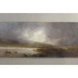 G. Shaw signed oil on canvas, highland river landscape with gathering rain clouds, 13ins x 32ins,