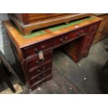 Reproduction kneehole desk, with leather inset top (at fault), and a pair of yew wood bedside