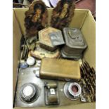 Box containing a quantity of various miscellaneous items, including a desk stand, pair of antique