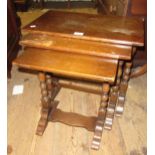 Nest of three reproduction oak occasional tables, small Victorian swing frame toilet mirror,