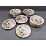 Late 19th Century hand painted dessert service decorated with flowers and birds comprising three