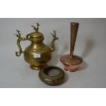 Persian large cast brass water ewer together with a Japanese embossed copper narrow neck vase and