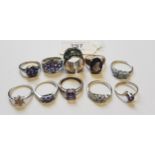 Group of ten various silver dress rings set gem and semi precious stones