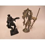 Small Asian bronze figure of a God, 4ins high, together with a Japanese brass figure of a fisherman,