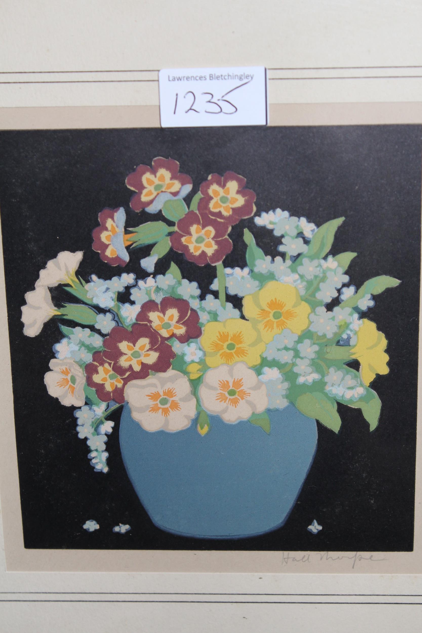 John Hall Thorpe, two woodcut prints in colours, flowers in blue pots on black ground, both signed - Image 2 of 3