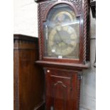 18th / 19th Century mahogany longcase clock, the inlaid case with spiral turned flanking
