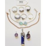 Five silver dress rings set various gem stones, another similar ring, three pendants and two