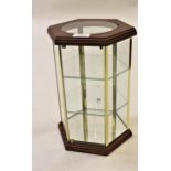 Modern glass mahogany and brass table top display cabinet with mirrored based, two shelves and sngle