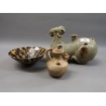 Chinese Celadon animal form vessel, 9ins wide, similar small ewer, 4ins high and a treacle glazed