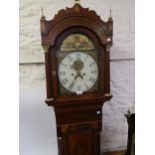 George III mahogany inlaid and painted longcase clock, the broken arch hood with brass ball