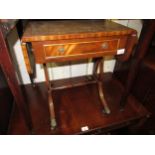 Reproduction mahogany drop-leaf leather inset coffee table with single frieze drawer, lyre end