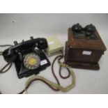 Mid 20th Century black Bakelite telephone together with a mahogany bell box