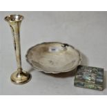 900 Standard silver circular dish on low supports, a silver bud vase, and an alpaca silver abalone