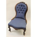 Victorian walnut blue button upholstered low seat nursing chair