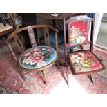 Oval Art Nouveau inlaid corner chair on turned supports with crossover stretcher, and a folding