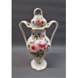 Large 19th Century English two handled baluster form vase and cover handpainted with bouquets of