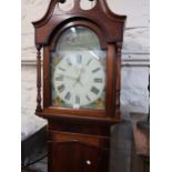 19th Century oak and mahogany crossbanded longcase clock, the broken arch hood with flanking