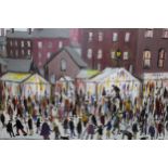 W. Fogg after Lowry, oil on canvas ' Oldham Market ', 20ins x 24ins together with another of figures