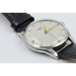 Longines gentleman's circular crown wind stainless steel wristwatch, the silvered dial with gold