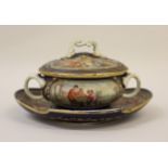 Small 19th Century Sevres tureen, cover and stand painted with panels of figures in landscapes and