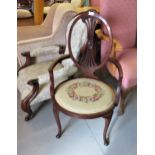 Edwardian mahogany open elbow chair with pierced oval back, upholstered seat and cabriole front