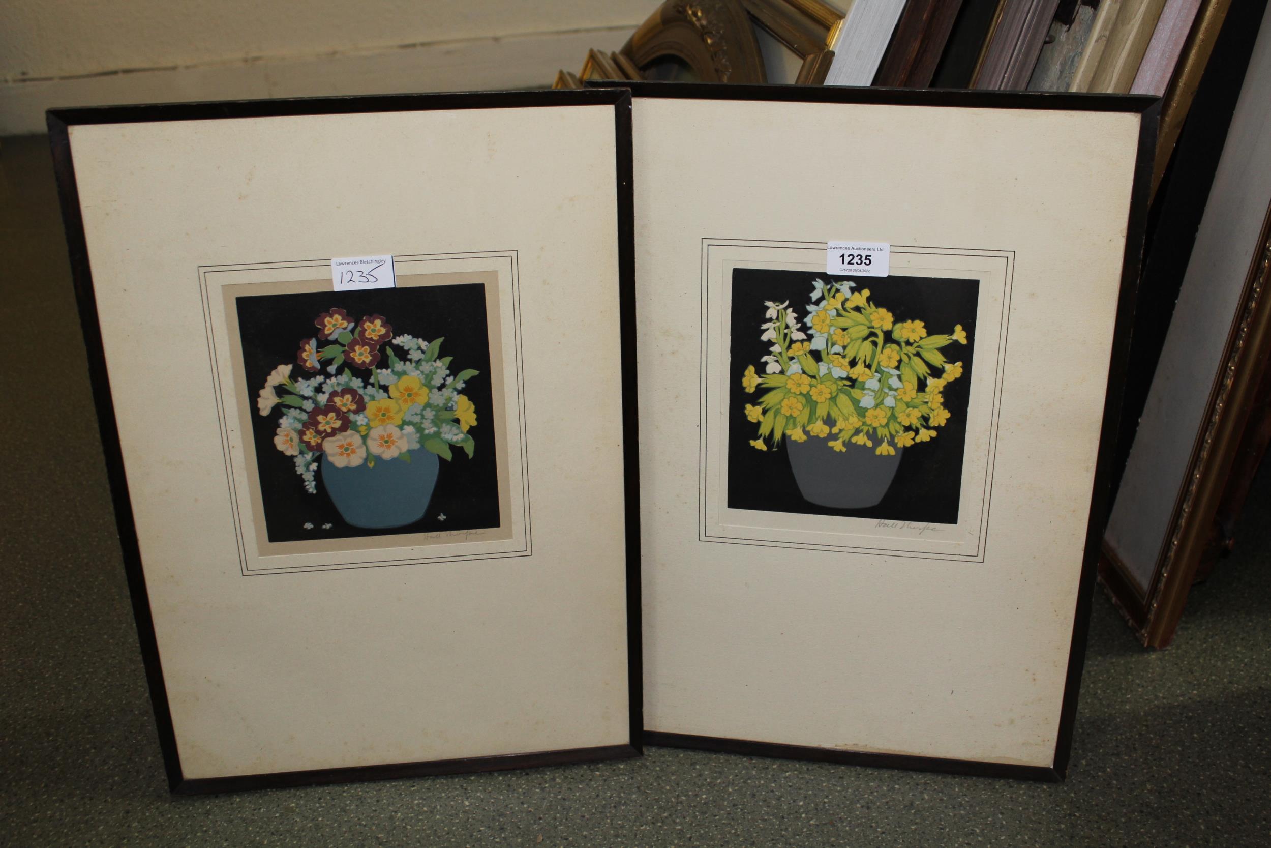 John Hall Thorpe, two woodcut prints in colours, flowers in blue pots on black ground, both signed - Image 3 of 3