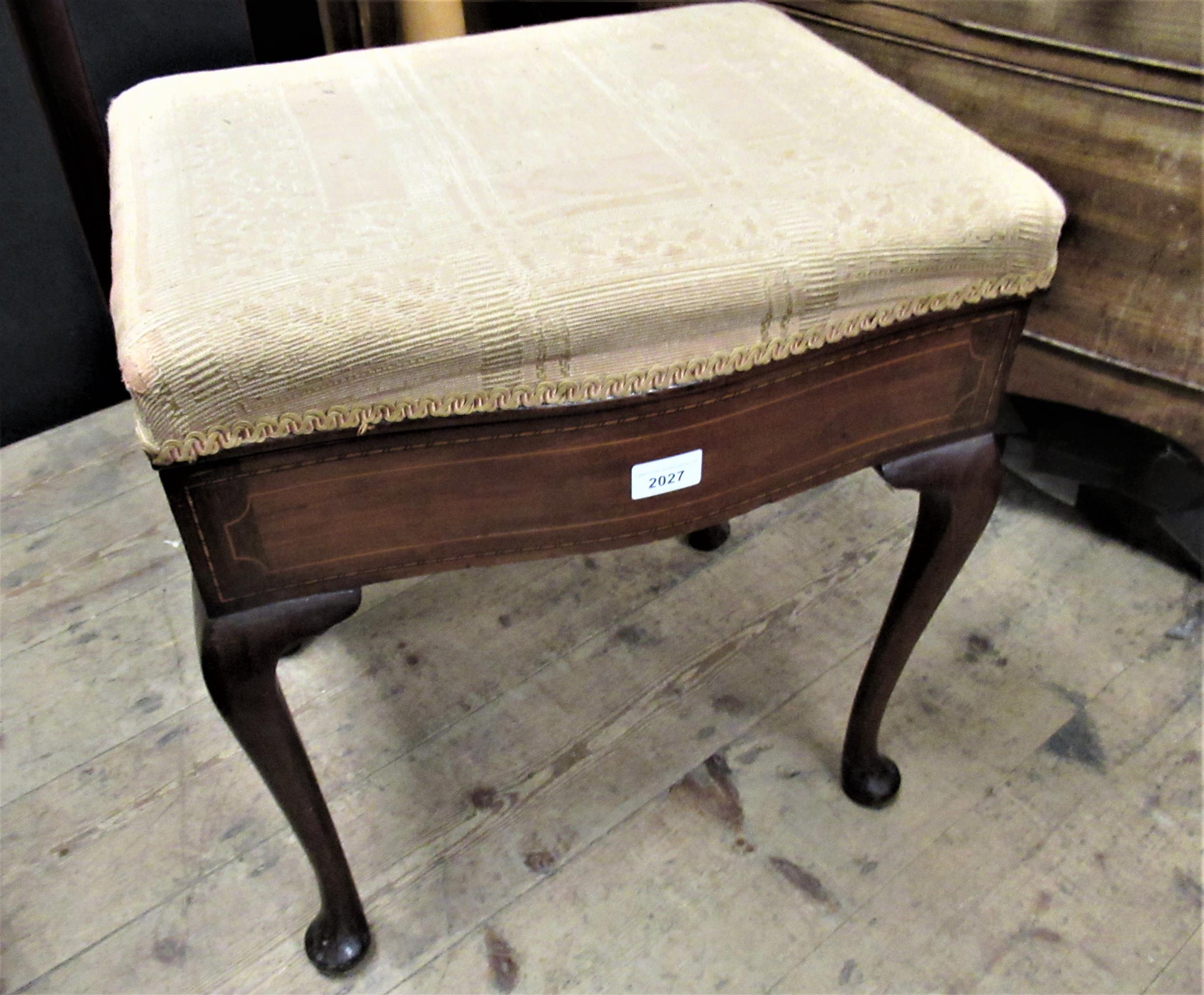 Edwardian mahogany and line inlaid upholstered piano stool on cabriole supports