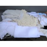 One box containing a large quantity of various table linen, including crochet work, velvet samples