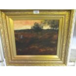 Barbizon School oil on board, figure in a landscape at sunset, earlier gilt frame, 11ins x 13ins