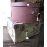 Late 19th / early 20th Century circular leather hat box with brass lock, and another green canvas