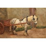 Harry Fidler, oil on canvas, grey work horse drawing a wooden cart in a stable yard, signed, 18ins x