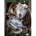 Box containing a large quantity of various porcelain including Harvest ware, Imari candlesticks,