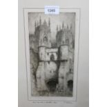 F. Robson, pair of black and white etchings, York Minster, and Bow Church, and a coloured print by