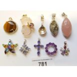 Group of ten various silver pendants set with various gem and semi precious stones