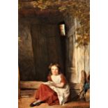 Attributed to Henry Purlee Parker, oil on canvas of a young girl seated before a cottage door,