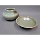 Katherine Pleydell-Bouverie, small Celadon stoneware dish, 5 and 3/8ins diameter, impressed marks