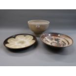 Michael Woods Studio pottery crackle glazed bowl, 10ins diameter together with two other Studio