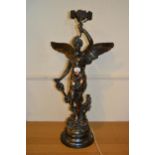 20th Century bronzed and coppered lamp base in the form of a winged female figure, 32ins high