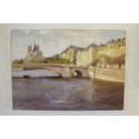 Pair of unframed oils on board, figures in a French village, and view of Notre Dame from the